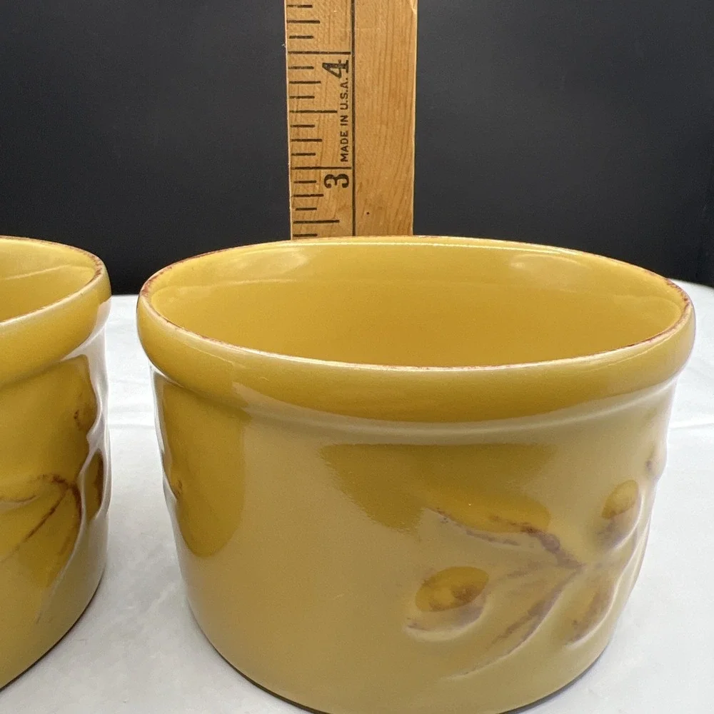 Pair 2 Cerutil Stoneware Mustard Yellow Ramekin Set Portugal Raised Olive Motif